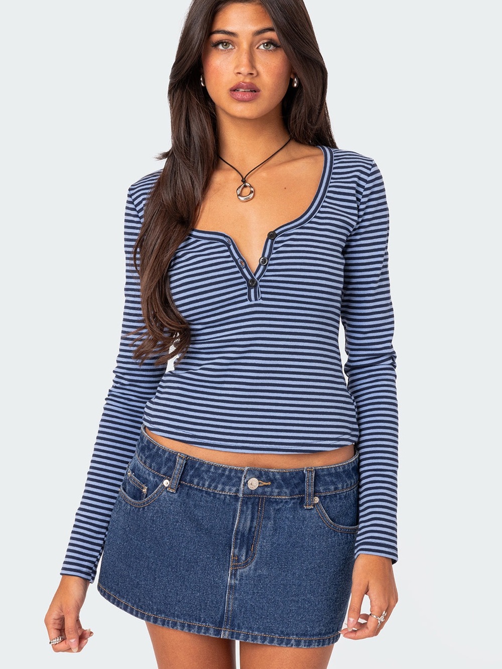 Edikted Jocelyn Long Sleeve Top Blue & Black Striped Size Large